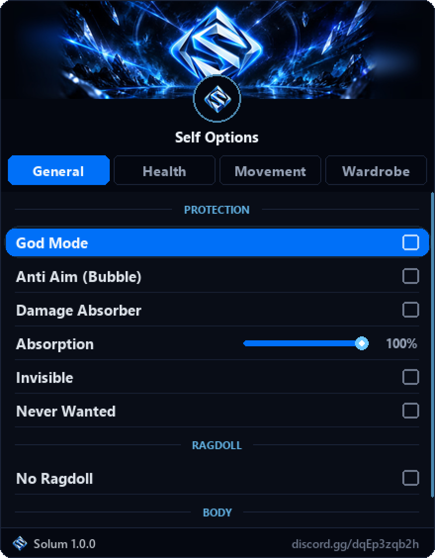 Solum, Self Options page