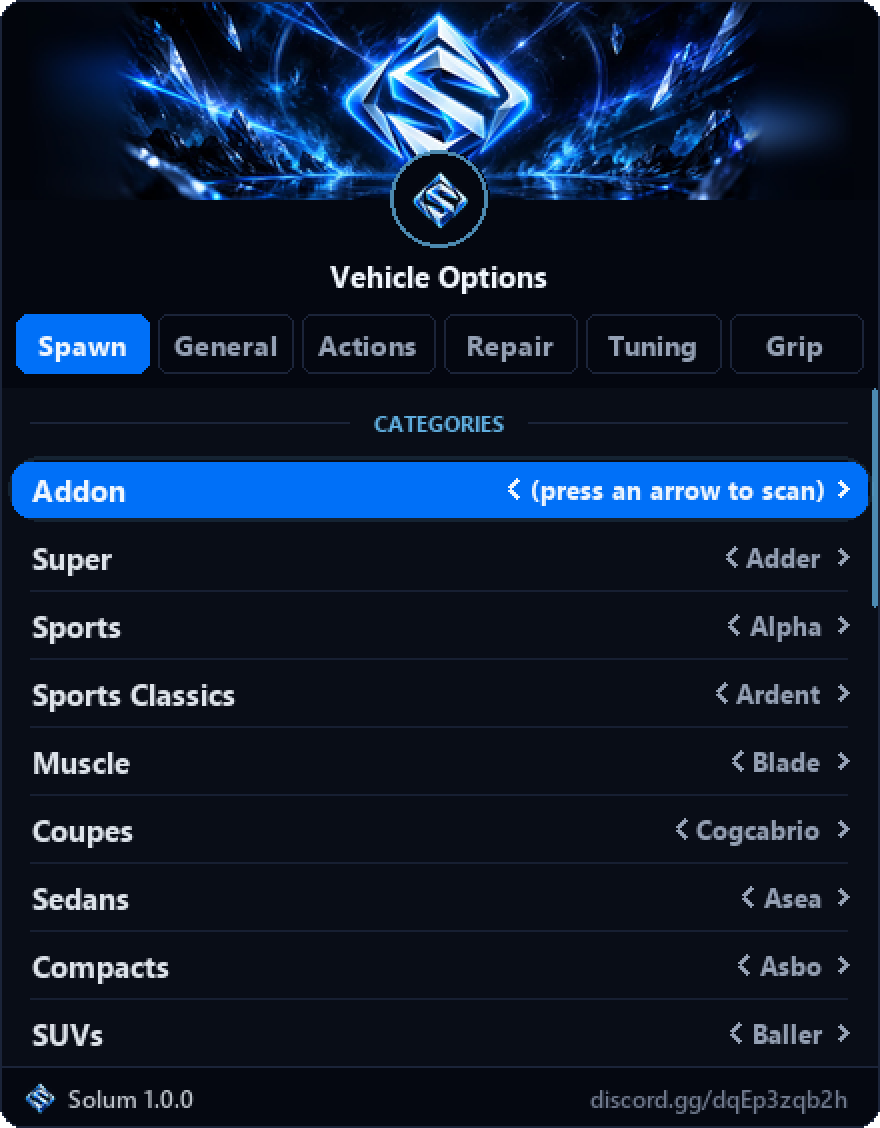 Solum, Vehicle Options page